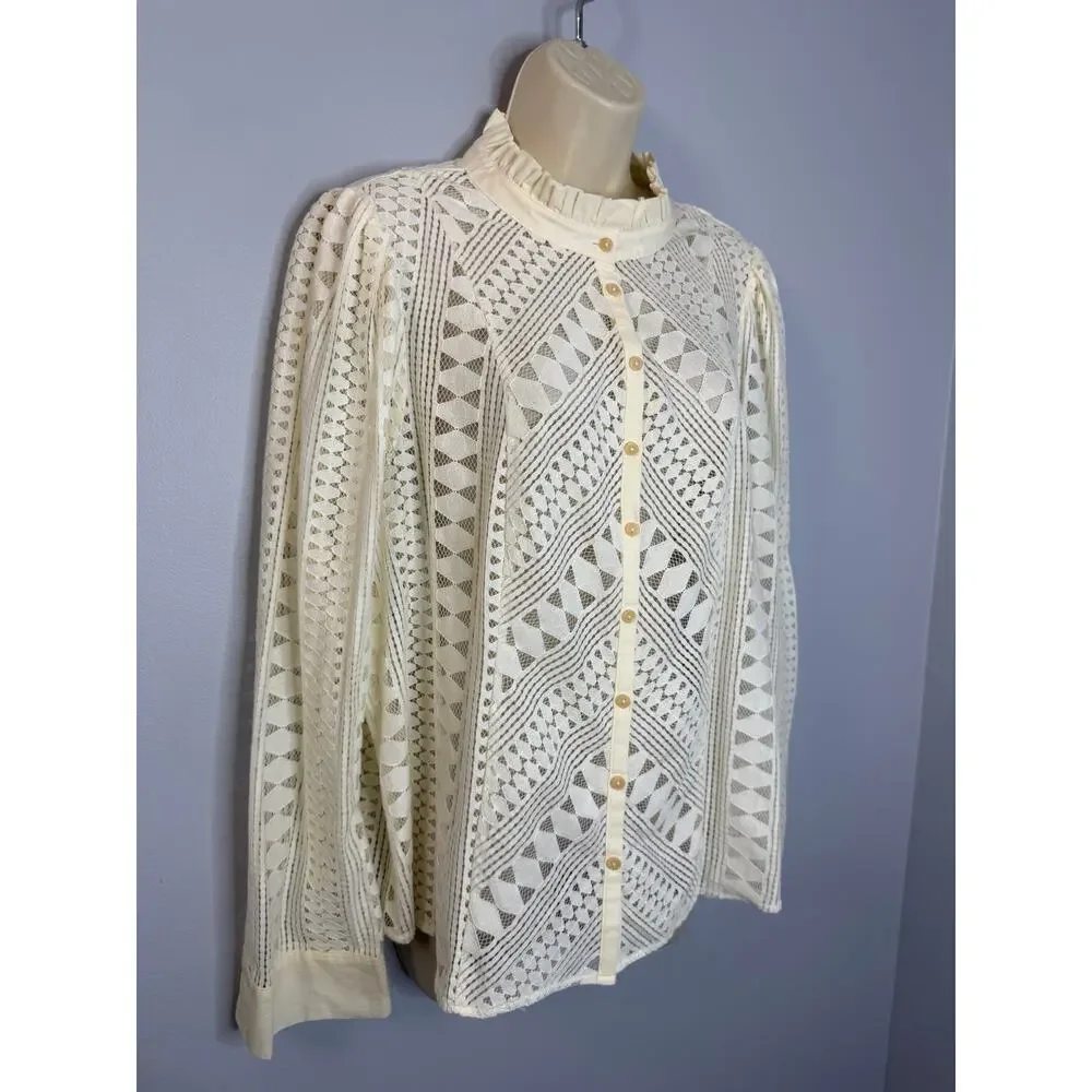 Anthropologie Lace Button Down Blouse Women's 16W Romantic Festival Cream